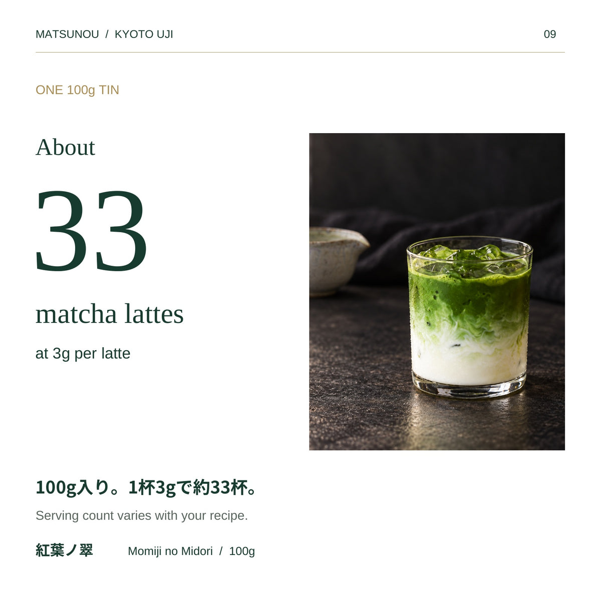紅葉ノ翠100g：1杯3g使用時のラテ杯数目安