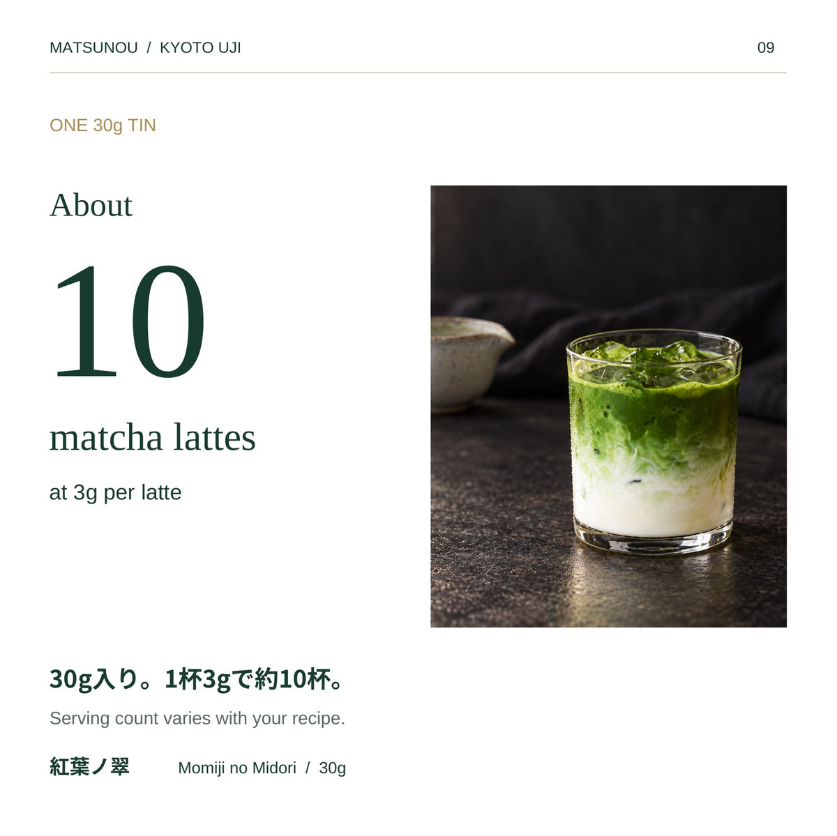 紅葉ノ翠30g：1杯3g使用時のラテ杯数目安